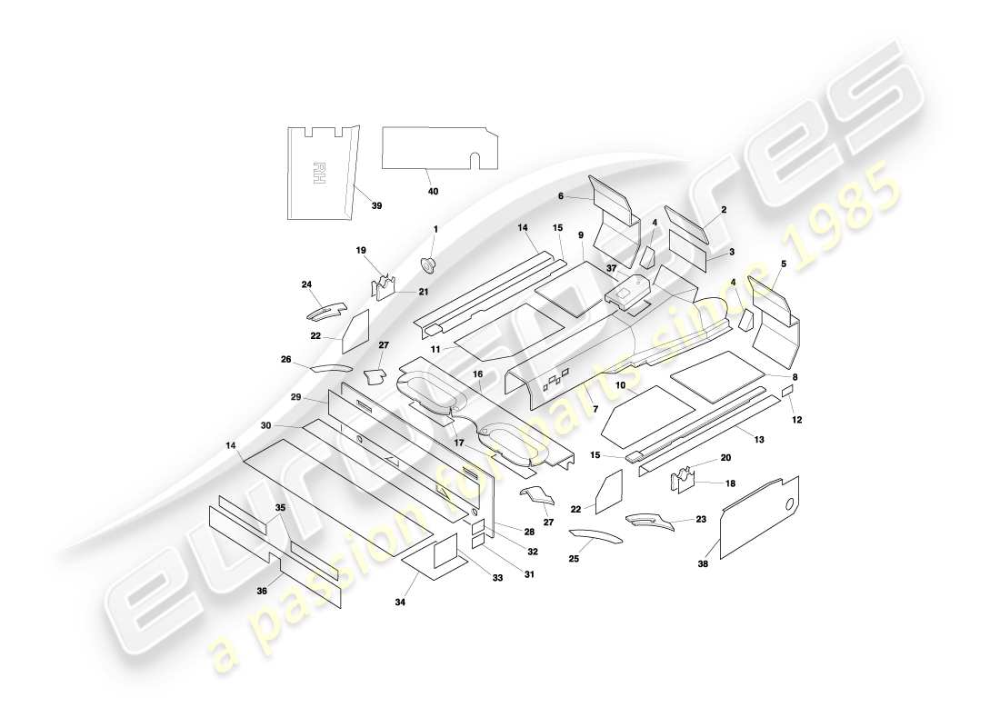 aston martin db7 vantage (2003) diagramma delle parti fonoassorbenti volante