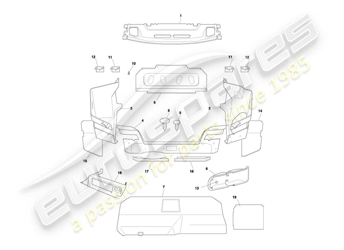 aston martin db7 vantage (2003) schema delle parti del rivestimento e dei tappetini del bagagliaio di una coupé