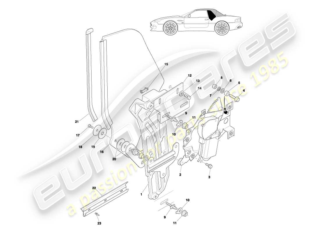 aston martin db7 vantage (2004) diagramma delle parti del vetro e del meccanismo del quarto posteriore volante