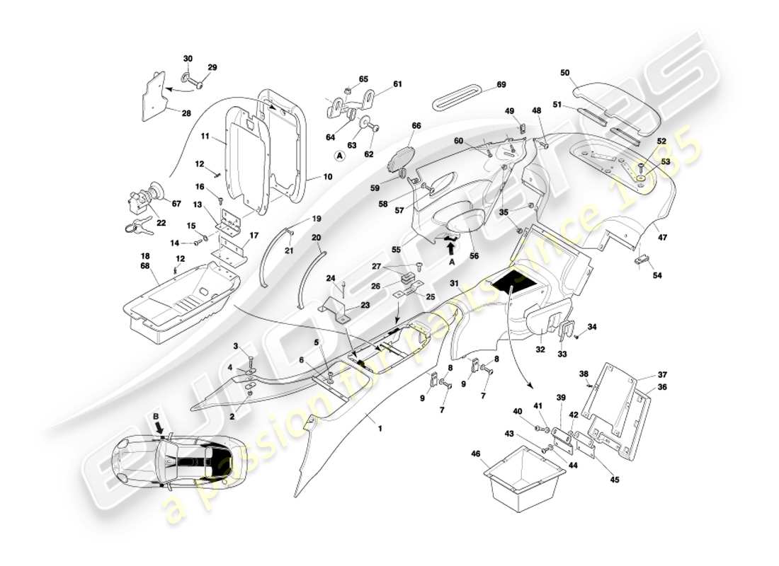 aston martin db7 vantage (2004) console centrale e finiture, diagramma delle parti coupé