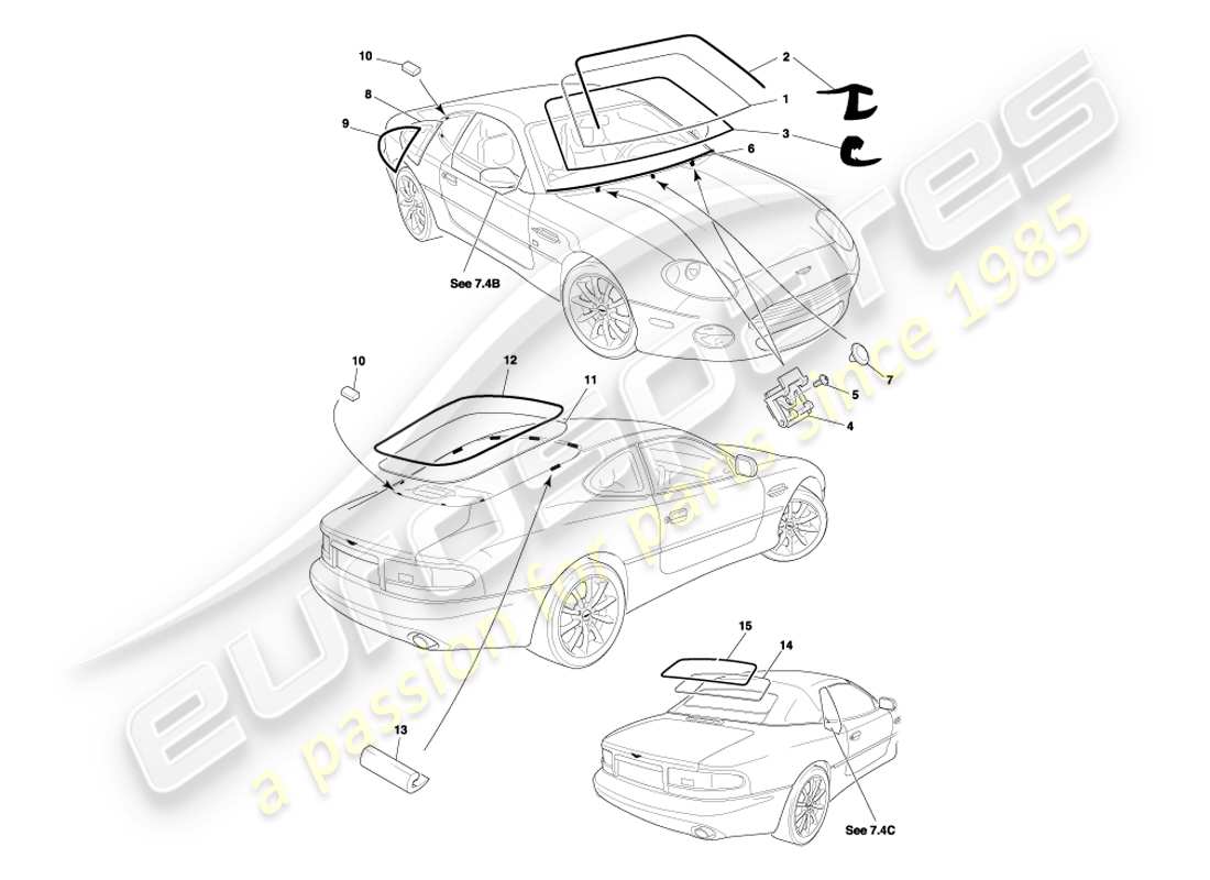 aston martin db7 vantage (2004) diagramma della parte in vetro