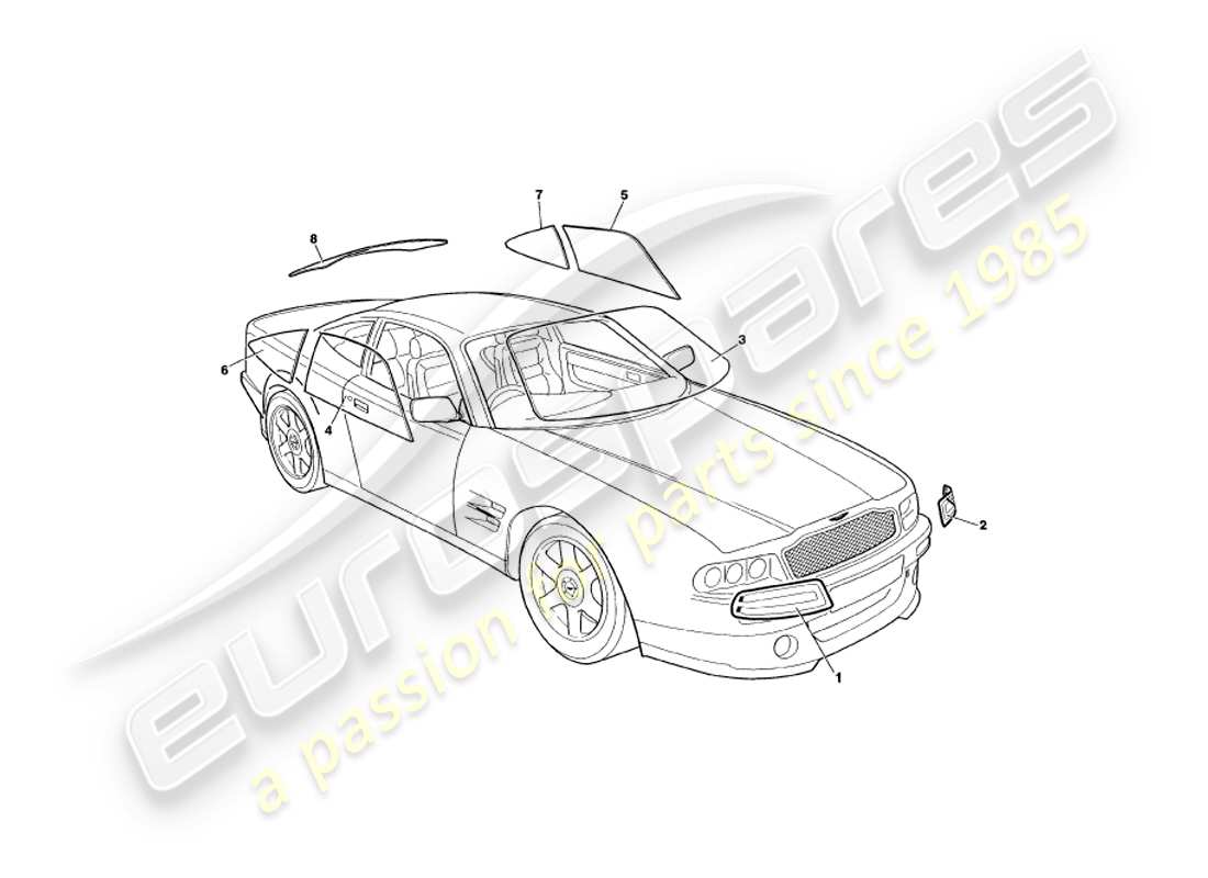 aston martin v8 coupe (2000) diagramma della parte in vetro