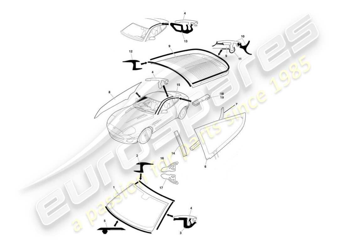 aston martin vanquish (2005) diagramma delle parti di vetro e finiture