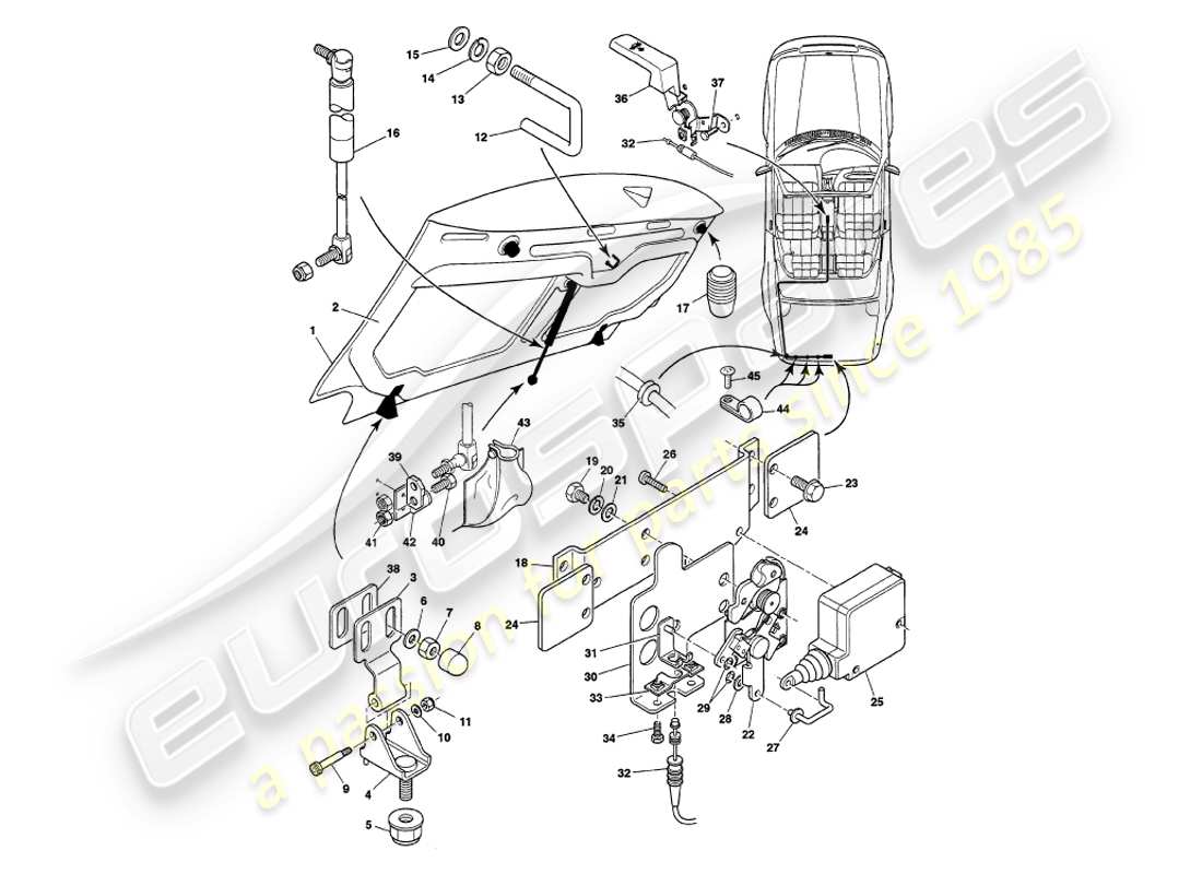 aston martin v8 volante (1997) coperchio del baule diagramma delle parti