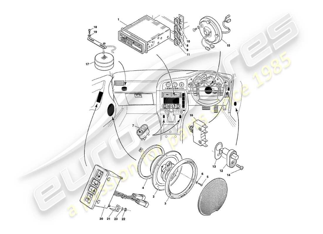 aston martin v8 coupe (2000) diagramma delle parti di strumenti e controlli