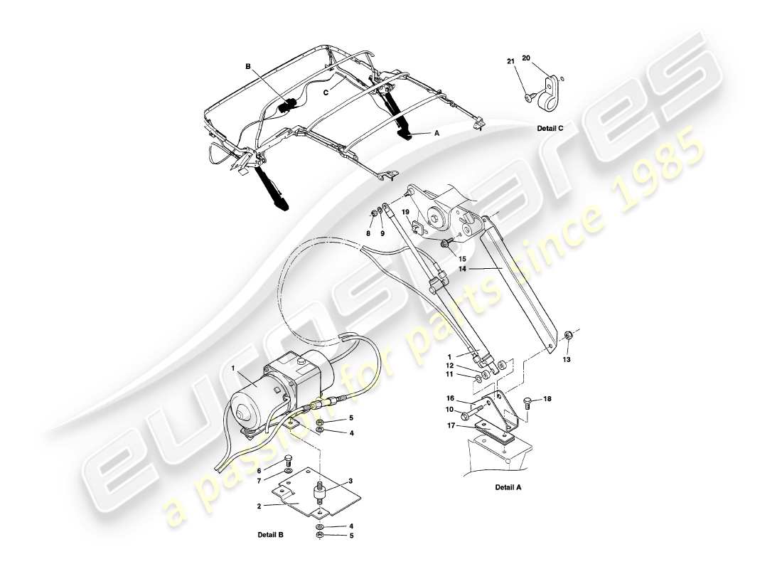 aston martin v8 volante (1997) idraulica del cofano diagramma delle parti