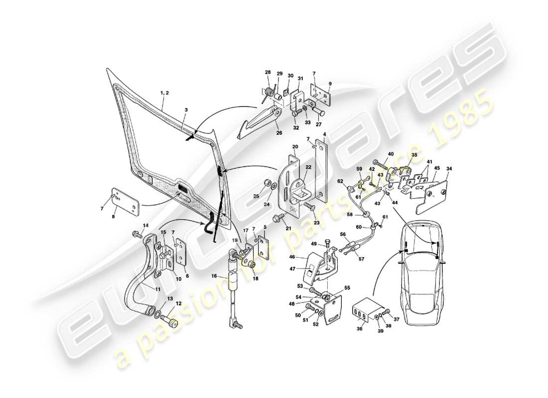 aston martin v8 coupe (2000) diagramma delle parti del cofano