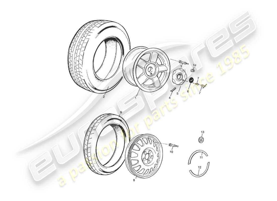 aston martin v8 virage (2000) diagramma delle parti di ruote e pneumatici, solo volante