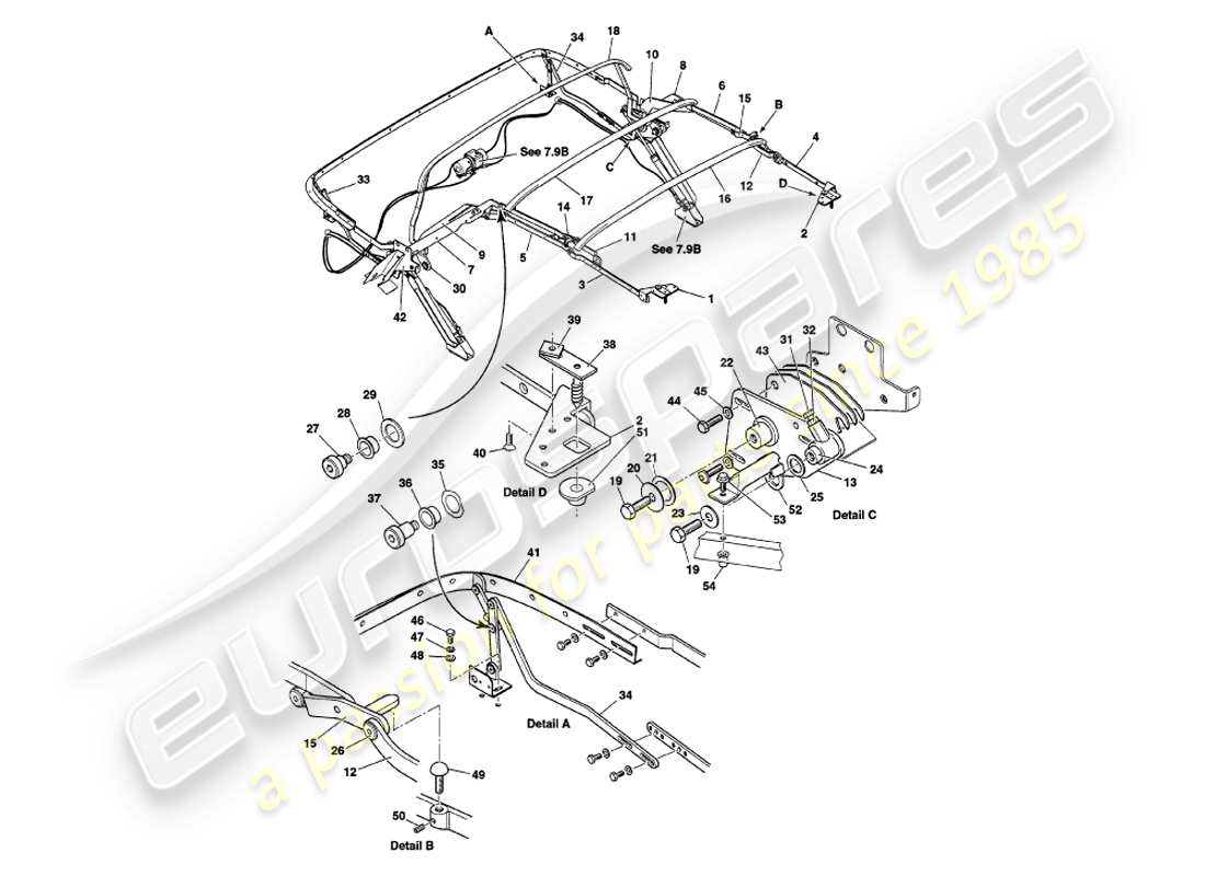aston martin v8 volante (1999) assemblaggio del telaio della cappa diagramma delle parti