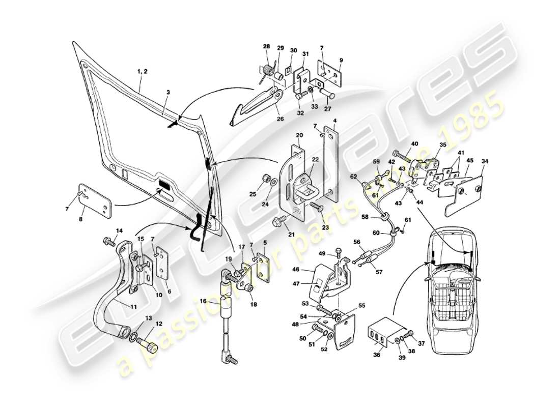 aston martin v8 volante (1999) diagramma delle parti del cofano