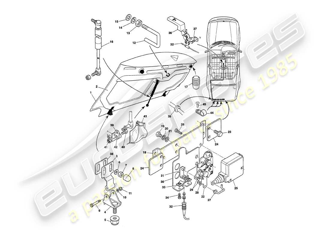 aston martin v8 volante (1999) diagramma delle parti del coperchio del bagagliaio