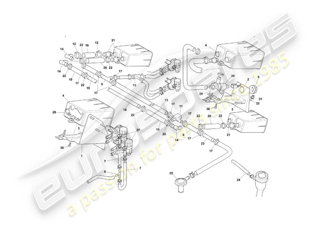 aston martin db7 vantage (1999) sistema di emissione evaporativa, diagramma delle parti row