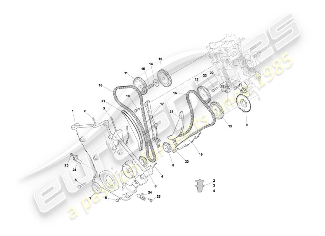 aston martin vanquish (2005) diagramma delle parti della copertura anteriore, delle catene e dei pignoni
