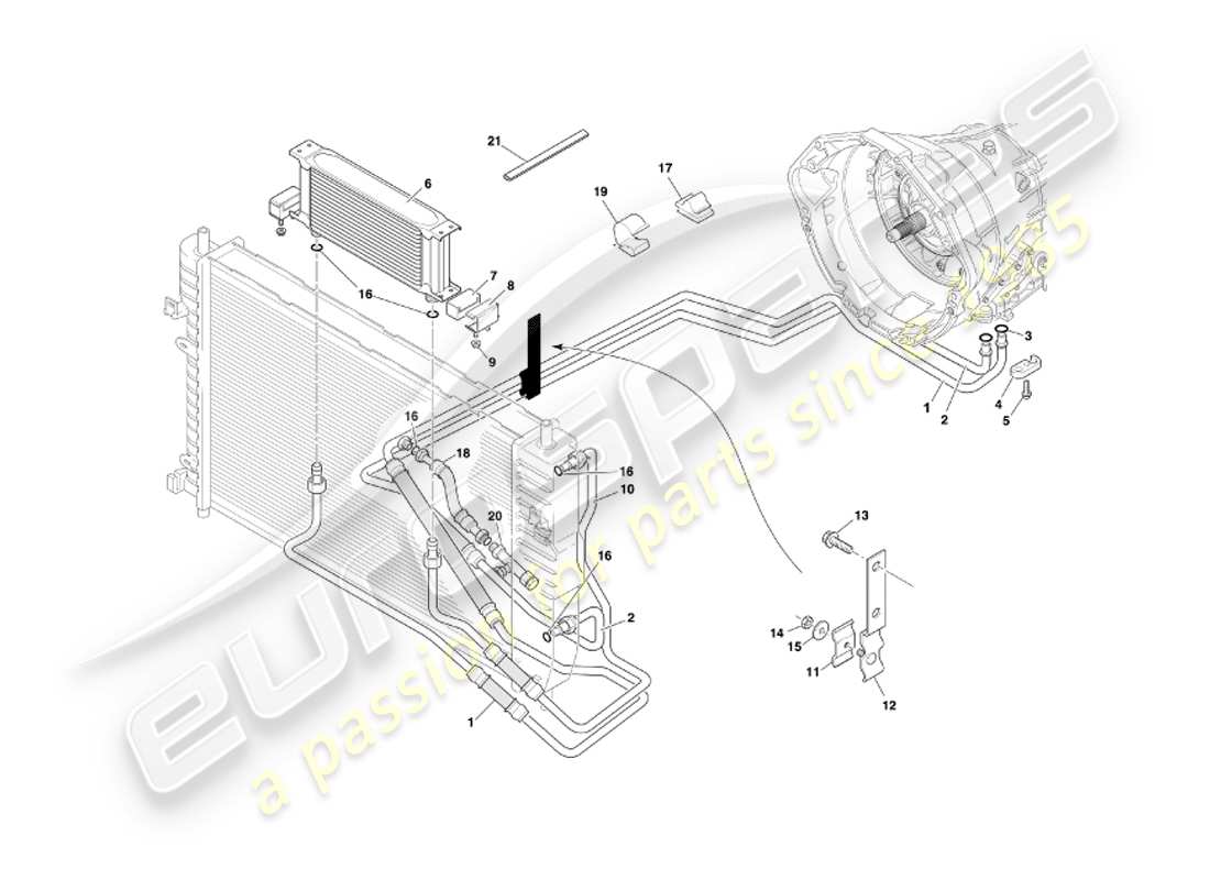 aston martin db7 vantage (2004) trasmissione automatica, diagramma delle parti di raffreddamento del cambio