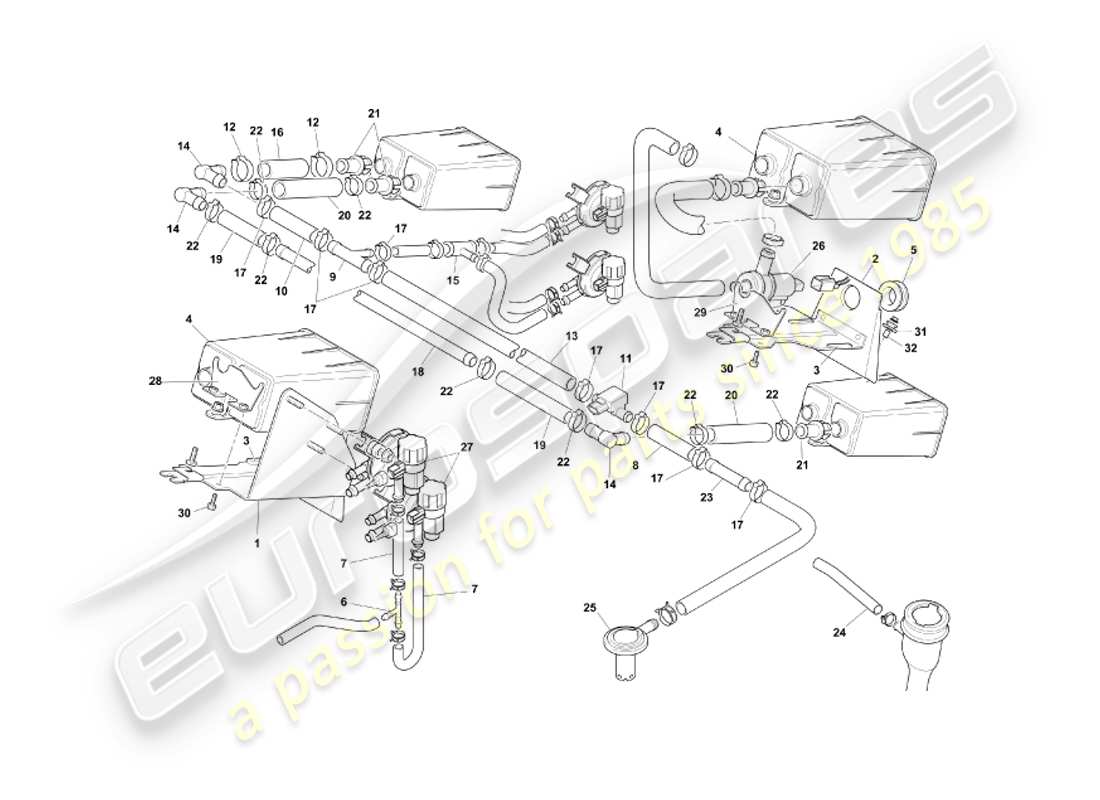 aston martin db7 vantage (2004) sistema di emissione evaporativa, diagramma delle parti row