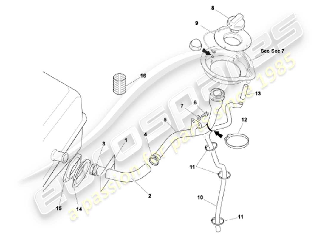 aston martin vanquish (2001) tubo di riempimento carburante diagramma delle parti