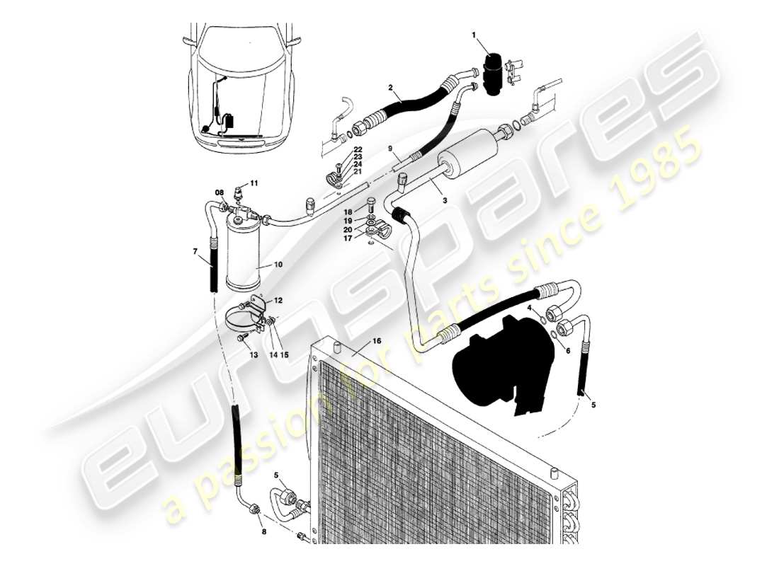 aston martin v8 volante (1998) diagramma delle parti di installazione del vano motore
