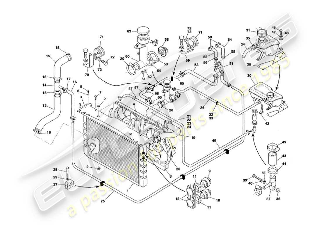 aston martin v8 volante (1997) sistema di raffreddamento ad acqua diagramma delle parti