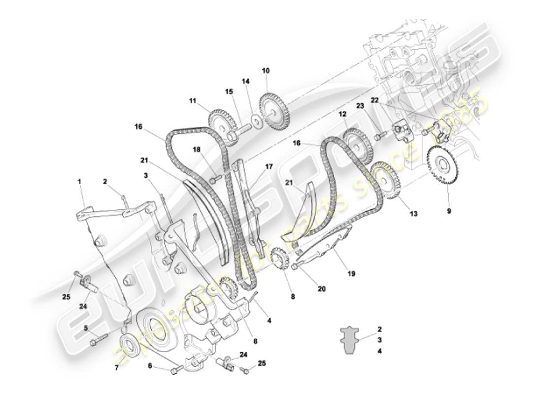 aston martin vanquish (2002) diagramma delle parti della copertura anteriore, delle catene e dei pignoni