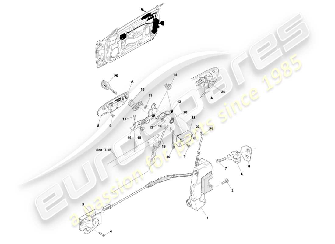 aston martin vanquish (2002) schema delle parti del meccanismo di chiusura della porta