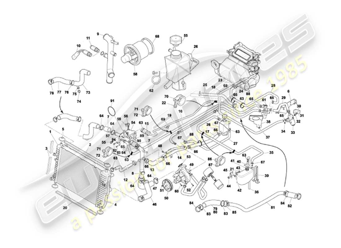 aston martin vanquish (2002) diagramma delle parti del sistema di raffreddamento ad acqua
