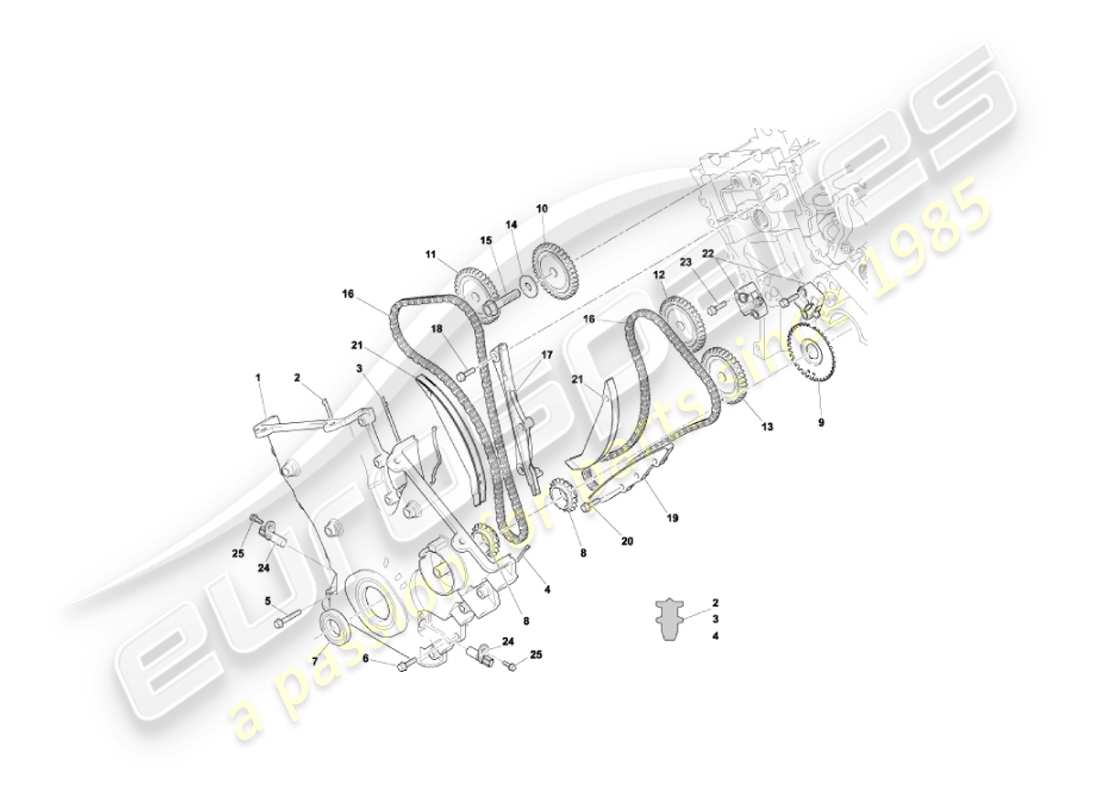 aston martin vanquish (2004) diagramma delle parti della copertura anteriore, delle catene e dei pignoni