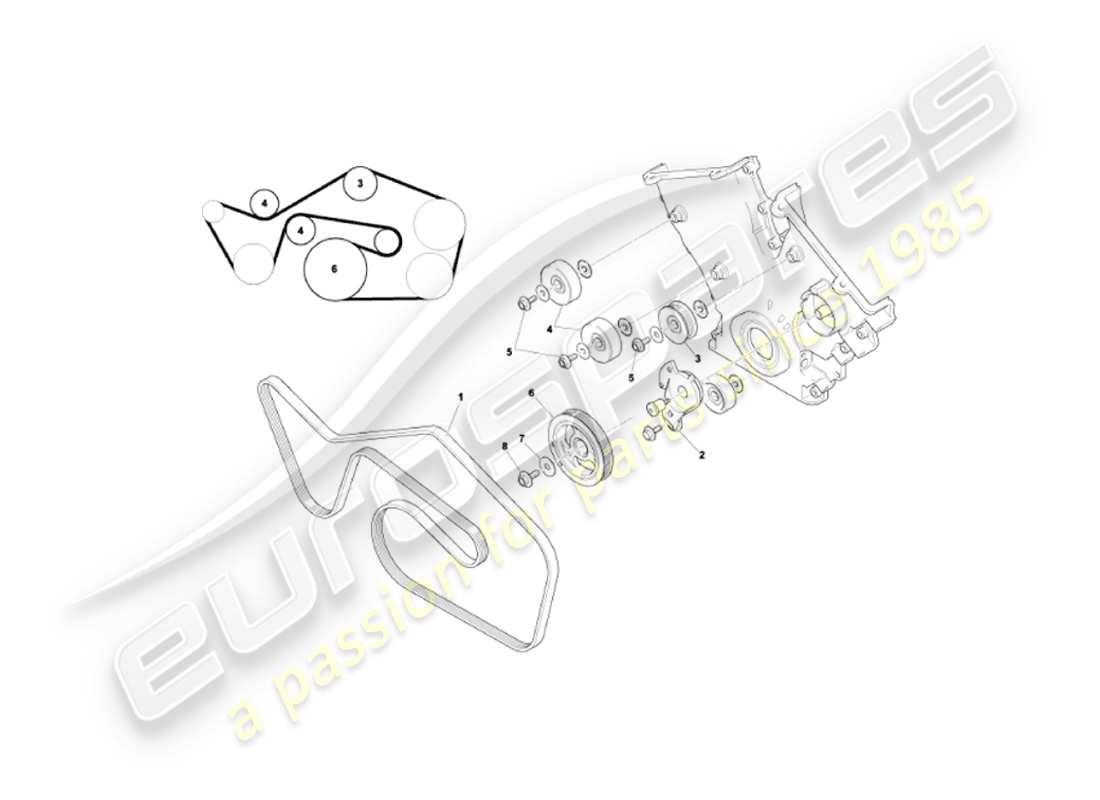 aston martin vanquish (2004) diagramma delle parti di cinghie di trasmissione, tenditore e pulegge