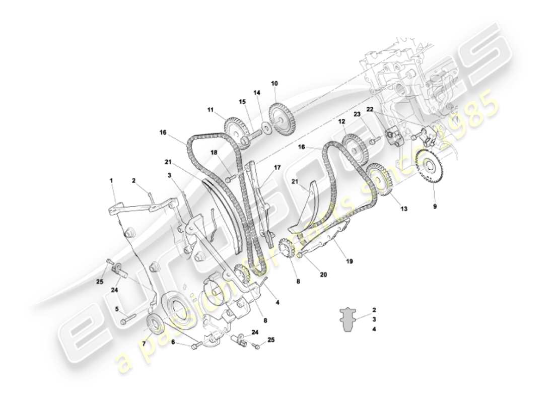 aston martin vanquish (2003) diagramma delle parti della copertura anteriore, delle catene e dei pignoni