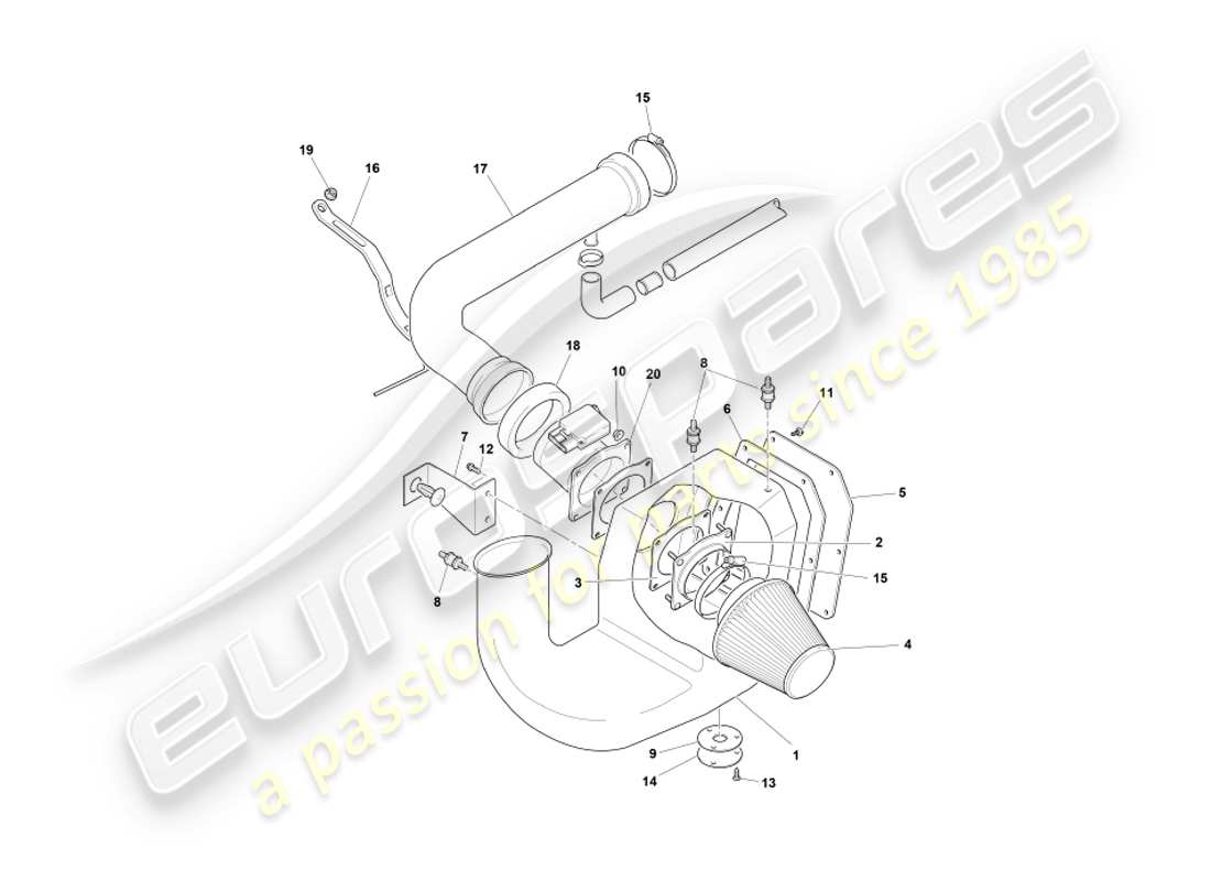 aston martin db7 vantage (2000) diagramma delle parti del filtro dell'aria e del sensore maf