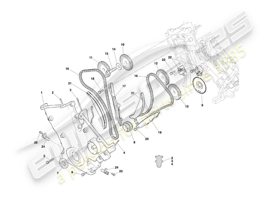 aston martin db7 vantage (2002) schema delle parti della scatola della distribuzione, della pompa dell'acqua e dei pignoni