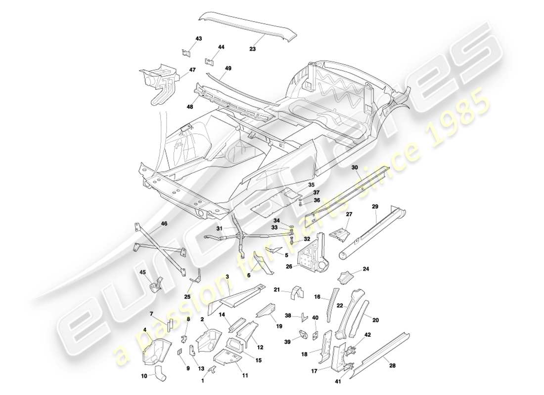 aston martin db7 vantage (2002) pannelli frontali, diagramma delle parti volante