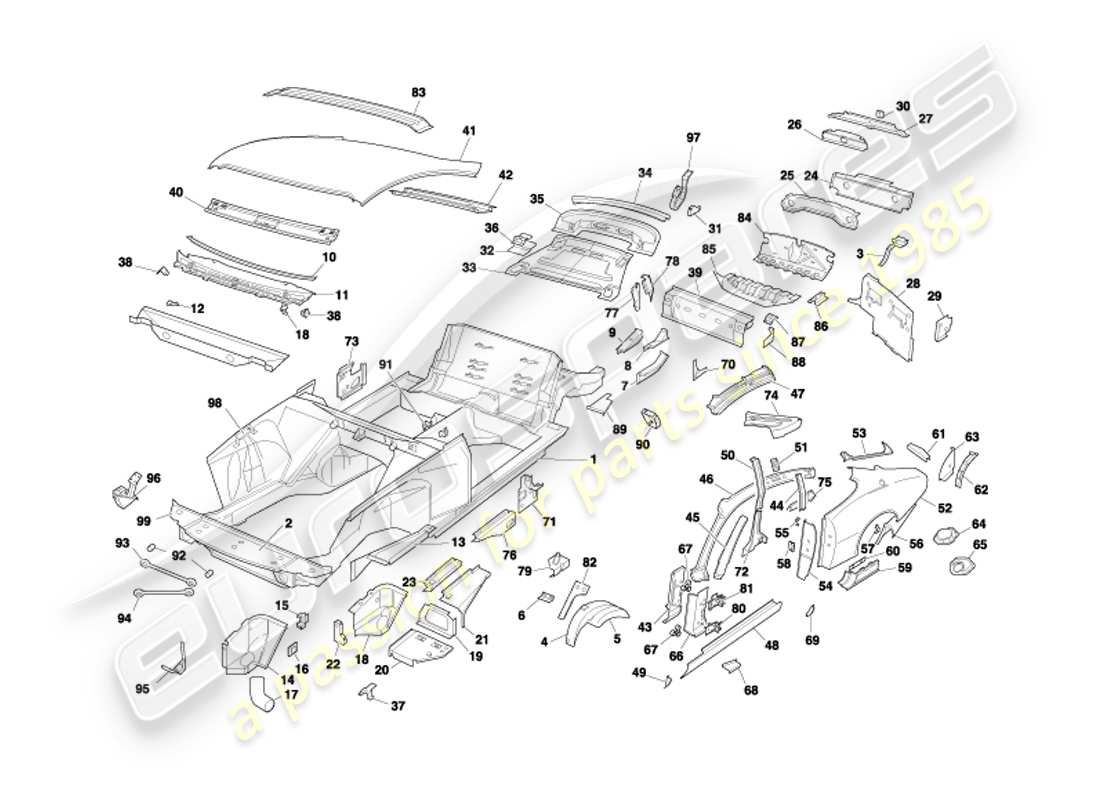 aston martin db7 vantage (2002) pannelli della carrozzeria, diagramma delle parti della coupé