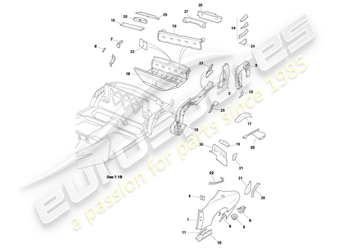 aston martin db7 vantage (2002) pannelli terminali posteriori, diagramma delle parti volante