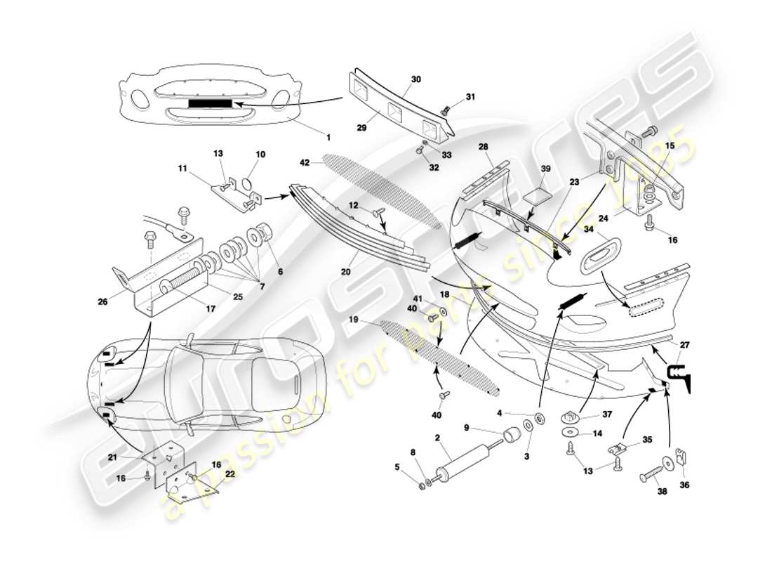 aston martin db7 vantage (2002) diagramma delle parti del paraurti anteriore e del grembiule
