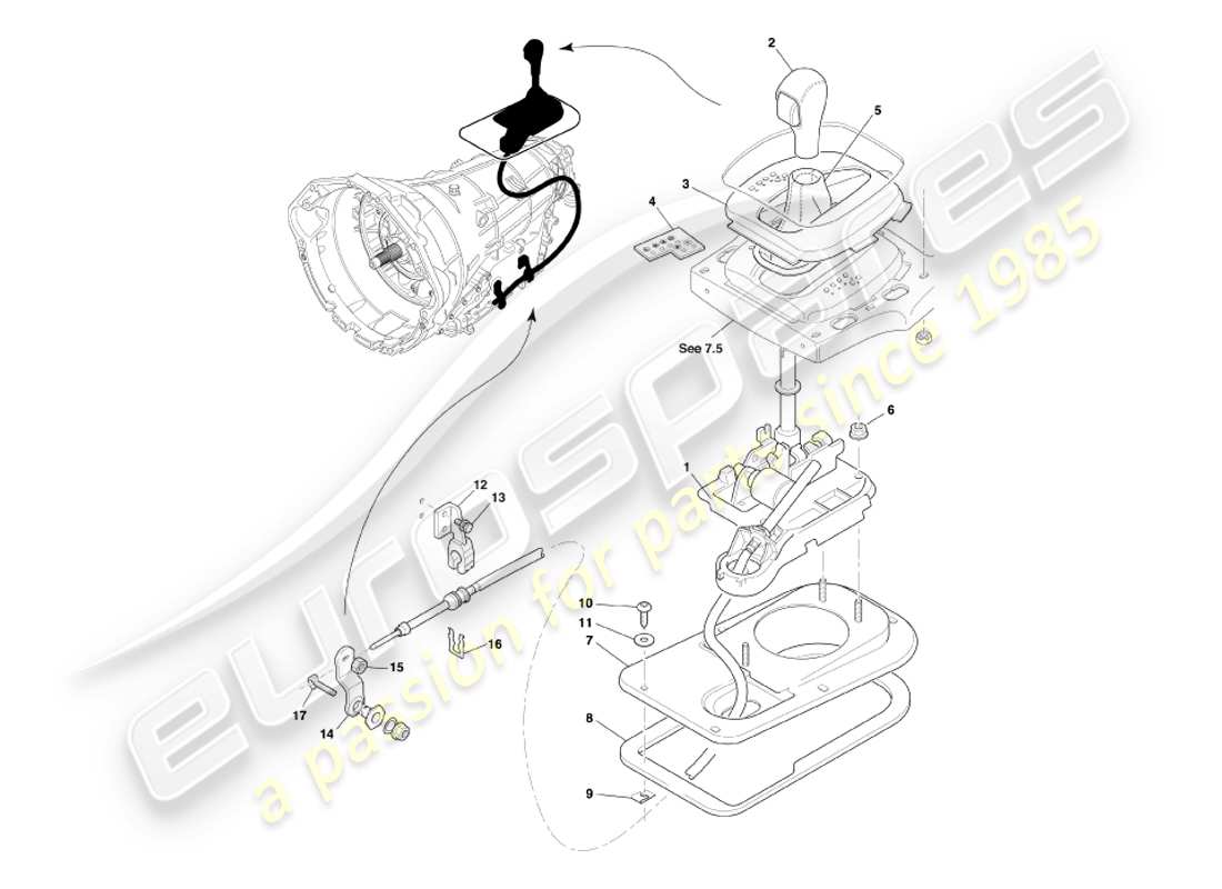 aston martin db7 vantage (2003) schema delle parti del gruppo trasmissione touchtronic e selettore marce