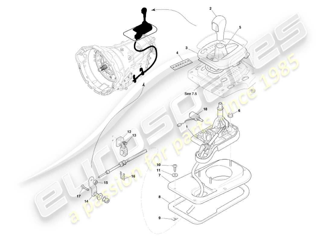 aston martin db7 vantage (2003) schema delle parti del gruppo cambio automatico e selettore marce