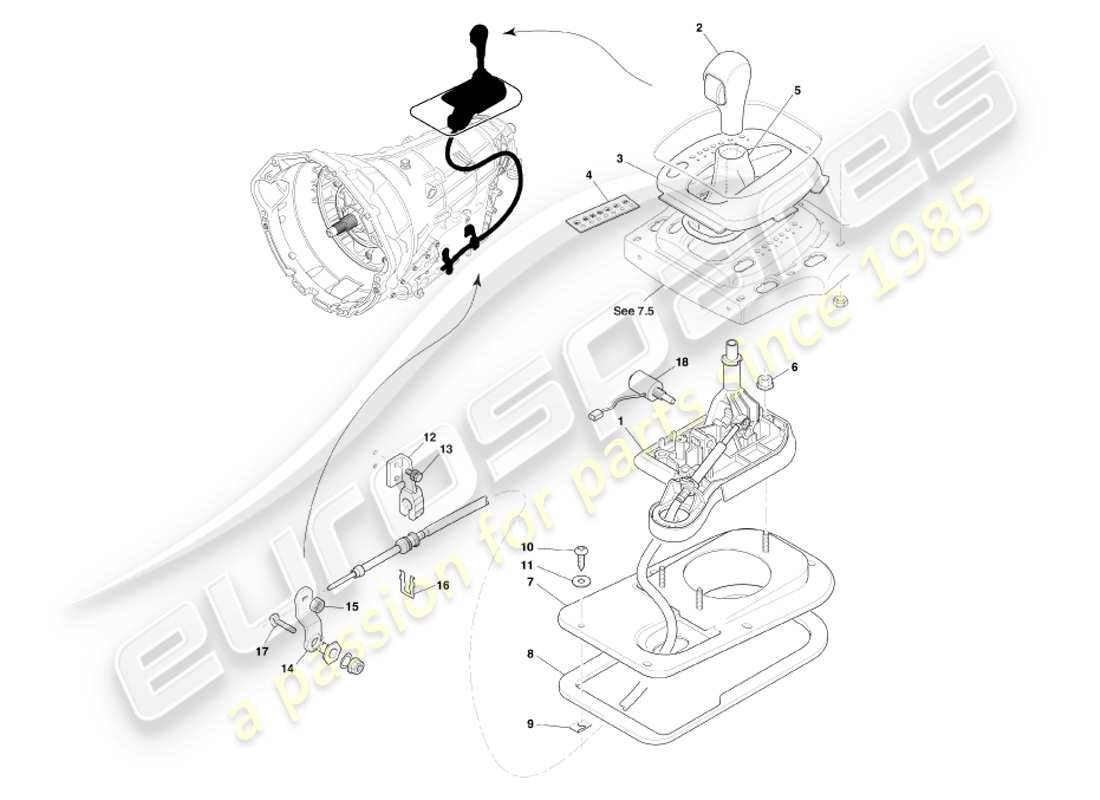 aston martin db7 vantage (2004) schema delle parti del gruppo cambio automatico e selettore marce
