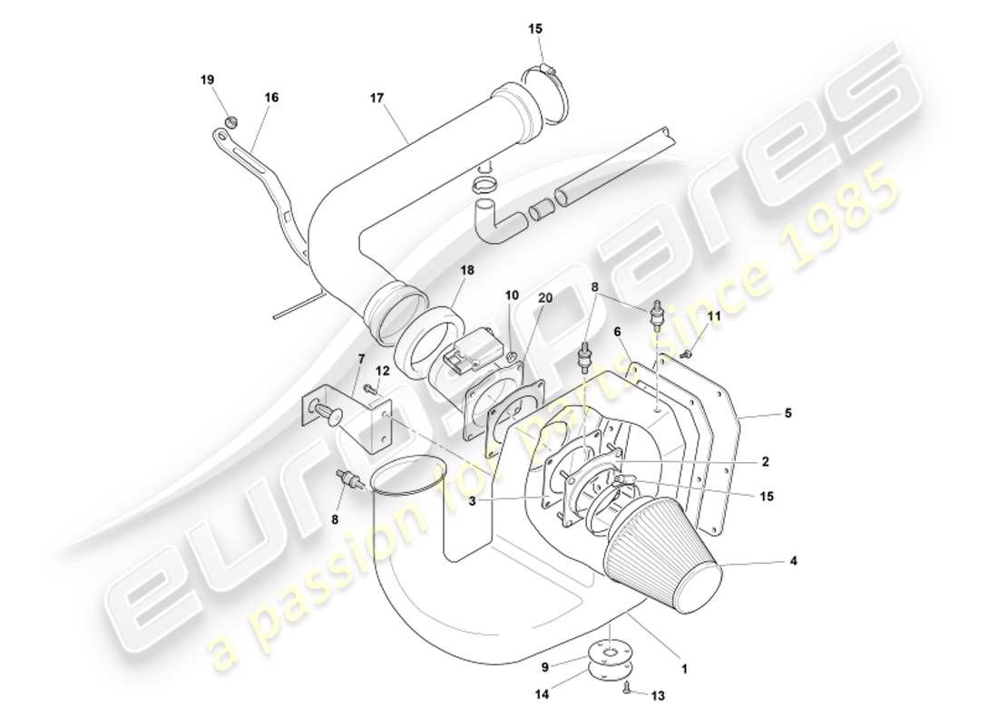 aston martin db7 vantage (2002) diagramma delle parti del filtro dell'aria e del sensore maf