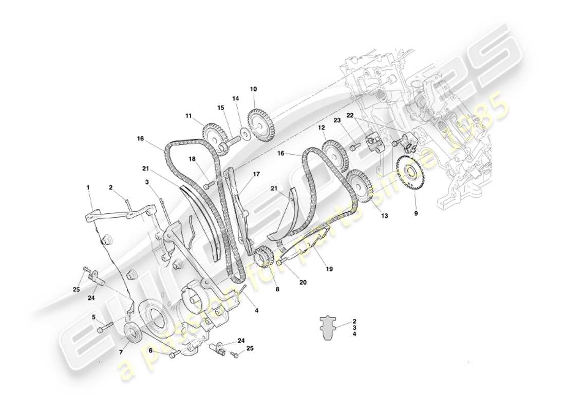 aston martin db7 vantage (2004) schema delle parti della scatola della distribuzione, della pompa dell'acqua e dei pignoni
