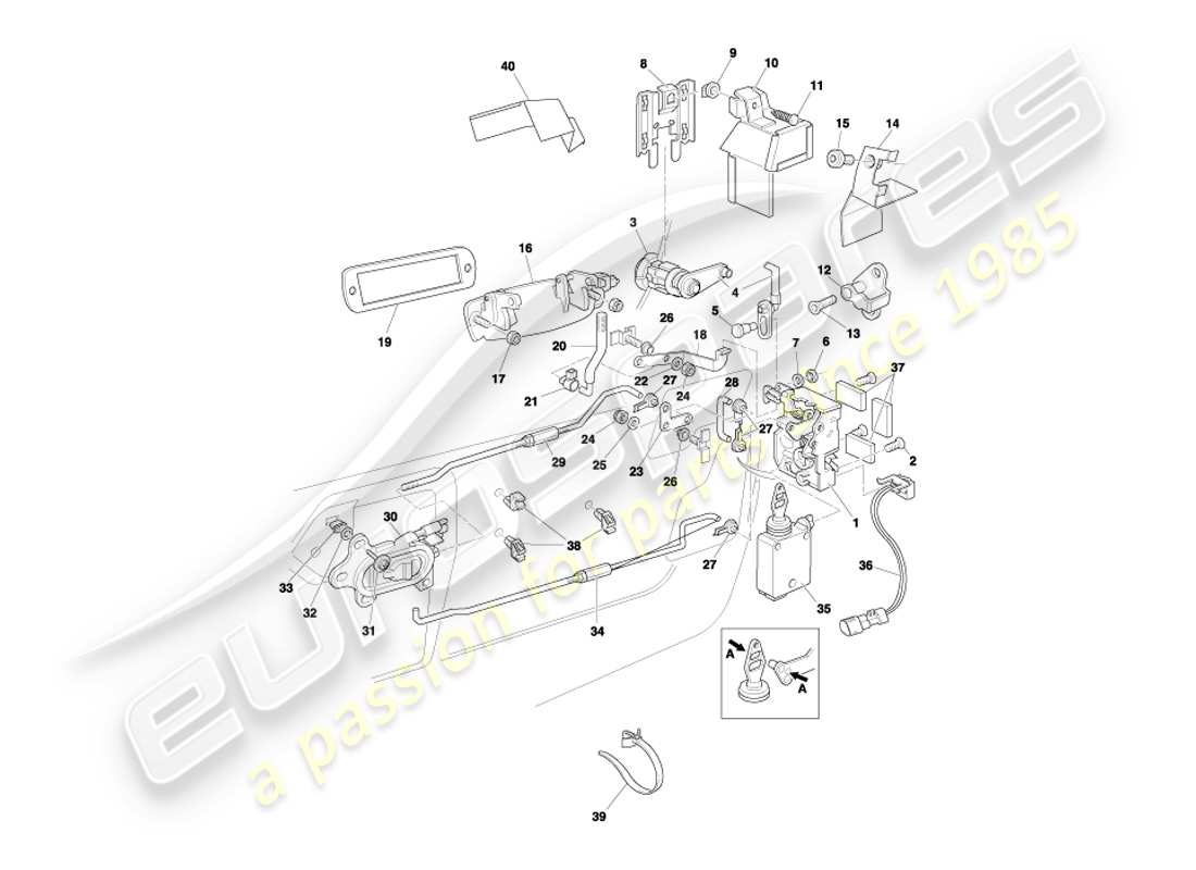 aston martin db7 vantage (2004) schema delle parti del meccanismo di chiusura della porta