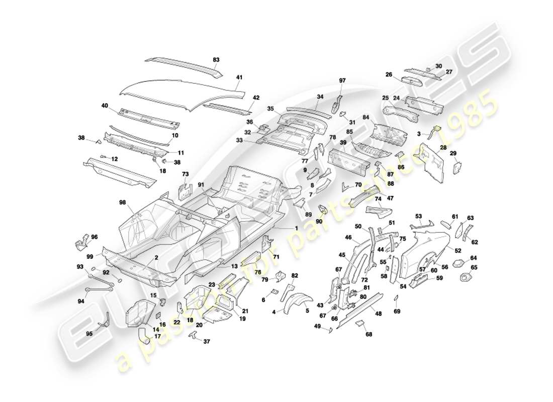 aston martin db7 vantage (2004) pannelli della carrozzeria, diagramma delle parti della coupé
