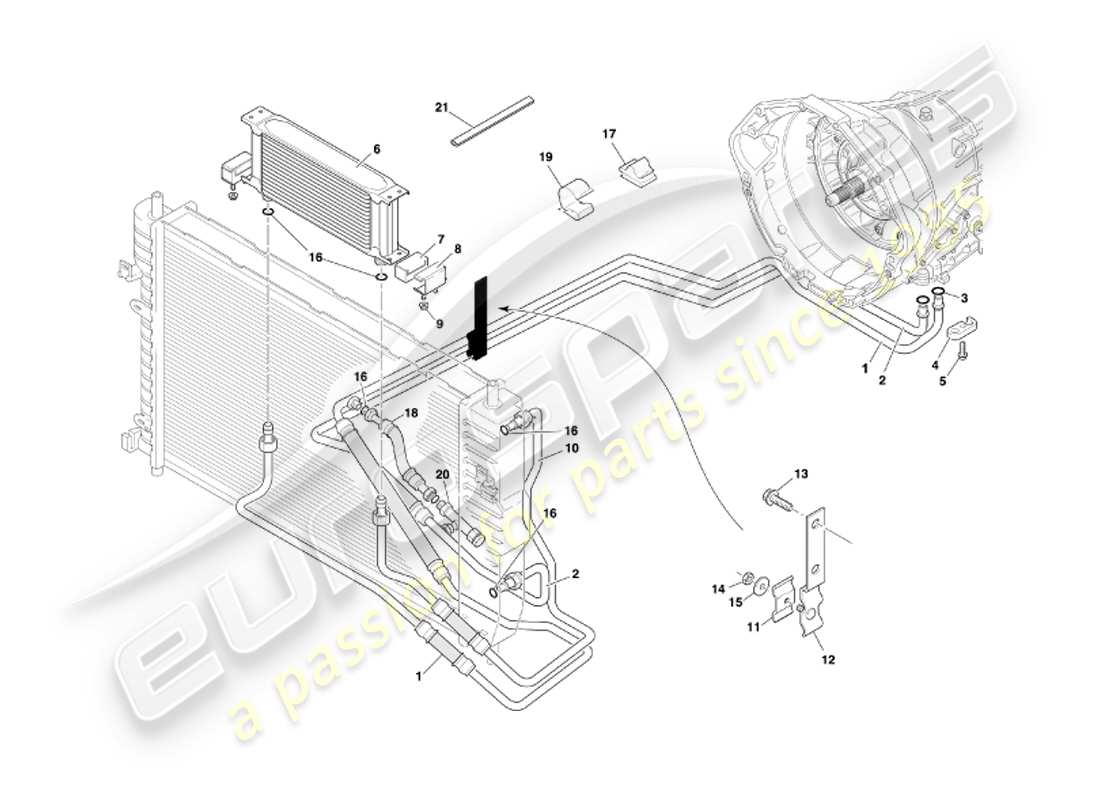 aston martin db7 vantage (2002) trasmissione automatica, diagramma delle parti di raffreddamento del cambio