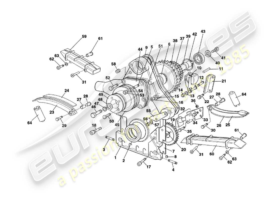 aston martin v8 coupe (1999) schema delle parti della scatola della distribuzione, della pompa dell'acqua e dei pignoni