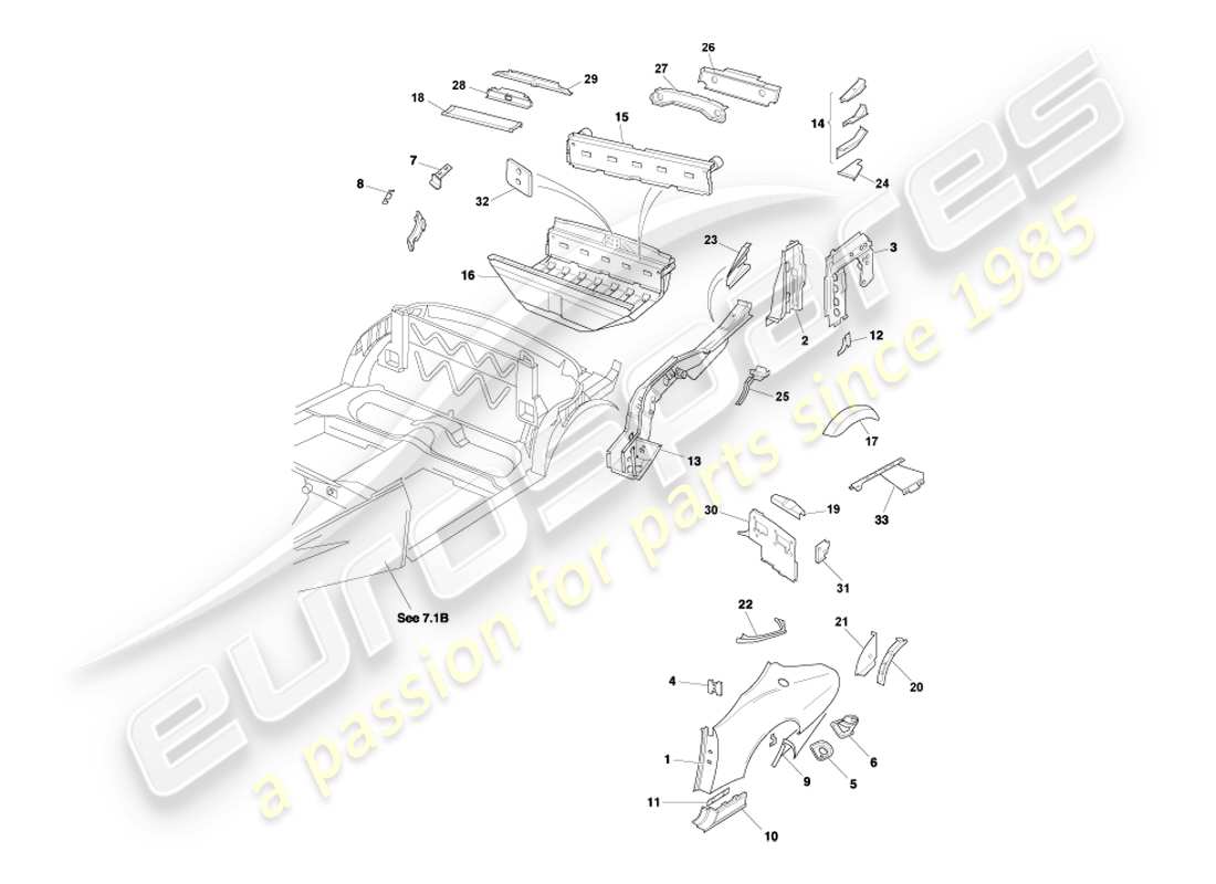 aston martin db7 vantage (2003) pannelli terminali posteriori, diagramma delle parti volante