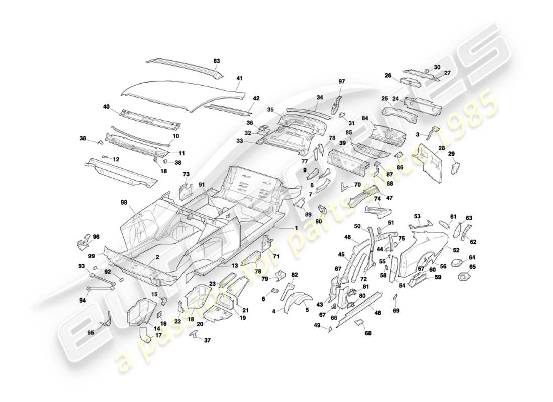 aston martin db7 vantage (2003) pannelli della carrozzeria, diagramma delle parti della coupé