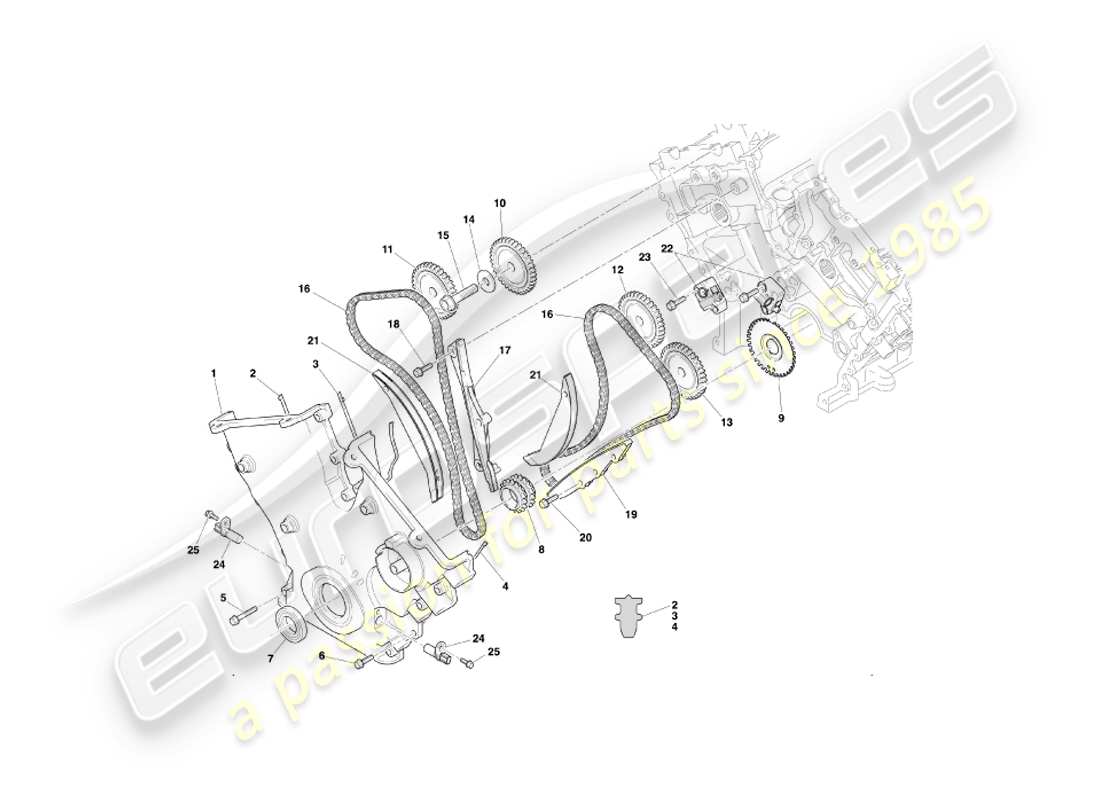 aston martin db7 vantage (2000) schema delle parti della scatola della distribuzione, della pompa dell'acqua e dei pignoni