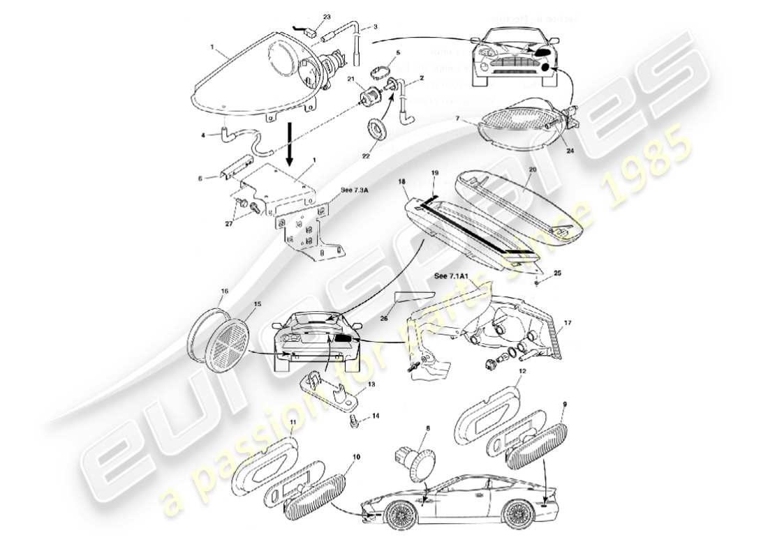 aston martin vanquish (2007) diagramma delle parti delle lampade esterne