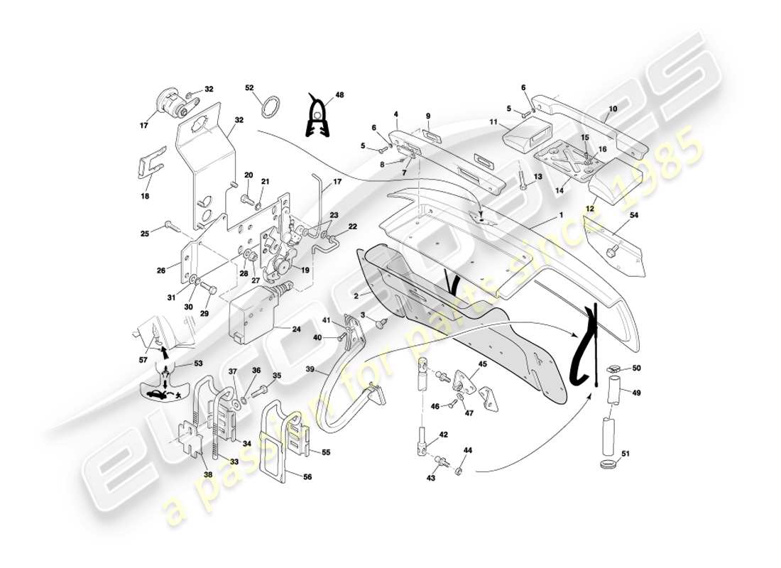 aston martin db7 vantage (2000) diagramma delle parti del coperchio del bagagliaio