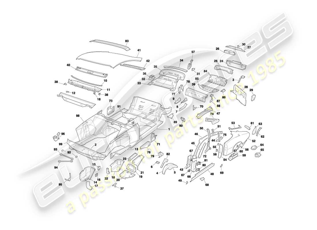 aston martin db7 vantage (2000) pannelli della carrozzeria, diagramma delle parti della coupé