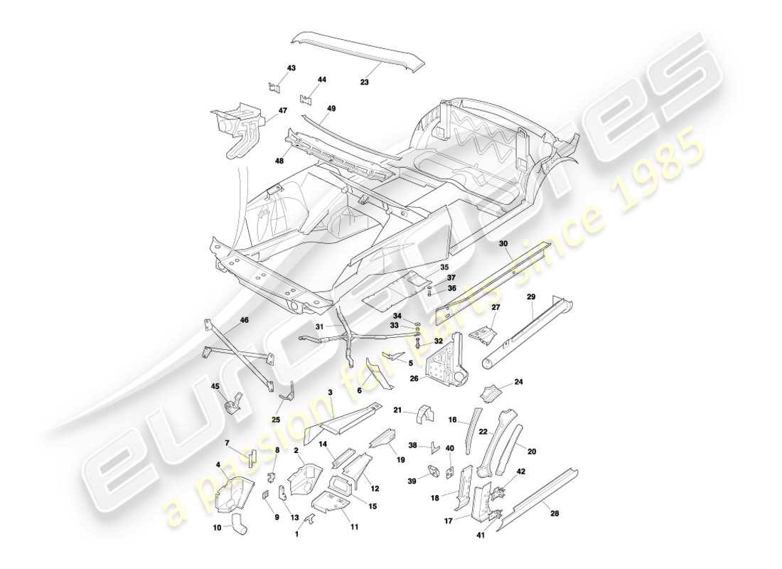 aston martin db7 vantage (2000) pannelli frontali, diagramma delle parti volante